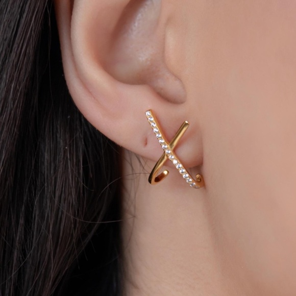 Charter Club 925 Sterling Silver X Crossover Crystal Hoop Earrings - Picture 1 of 5